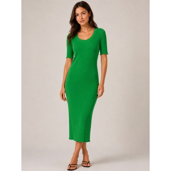 Just Female Dresses & Skirts - JUST FEMALE Fresh Dress Womens L Kelly Green Ribbed Knit Midi Scandi Bright